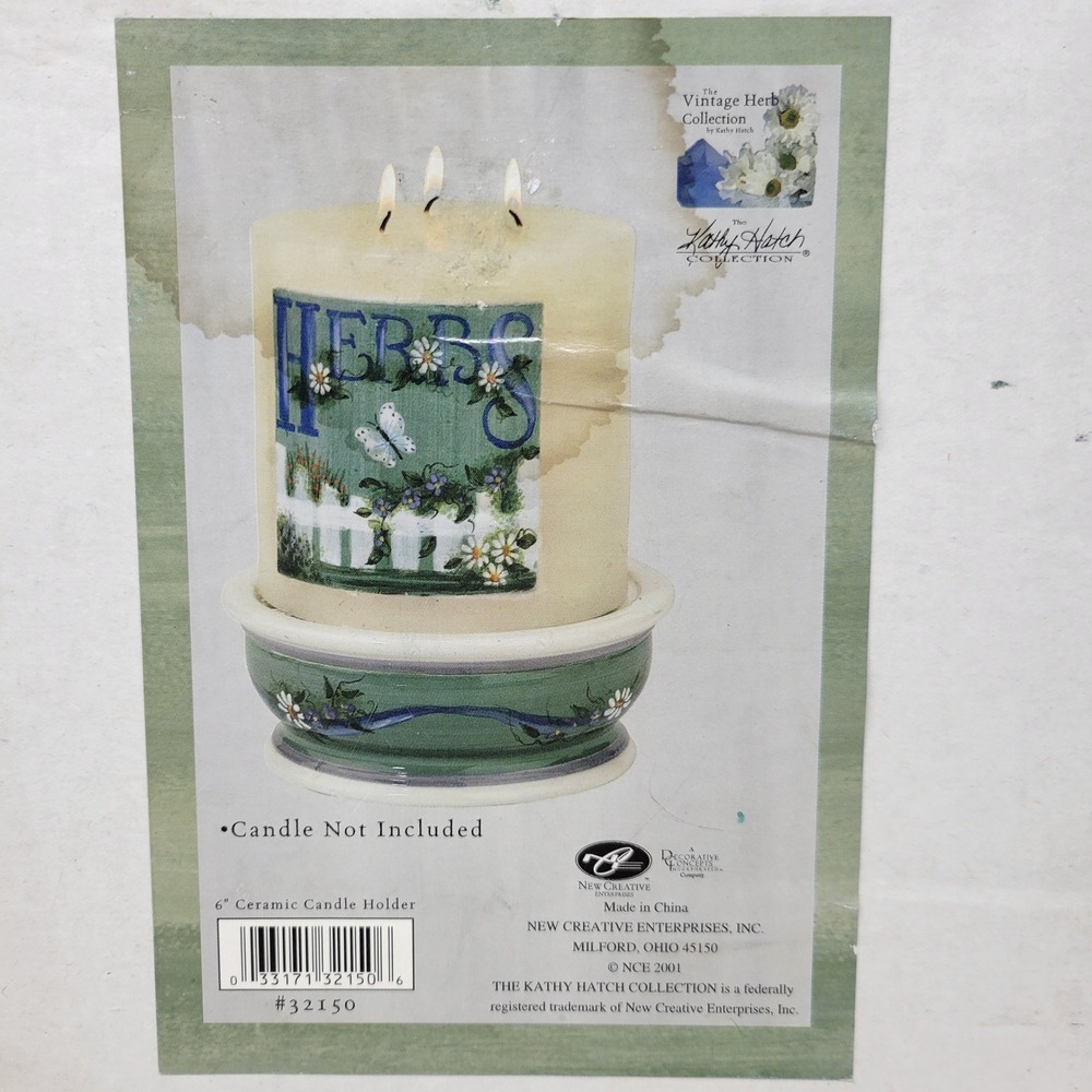 Kathy Hatch Vintage Herb Collection 6 Inch Ceramic Candle Holder 32150 Green New